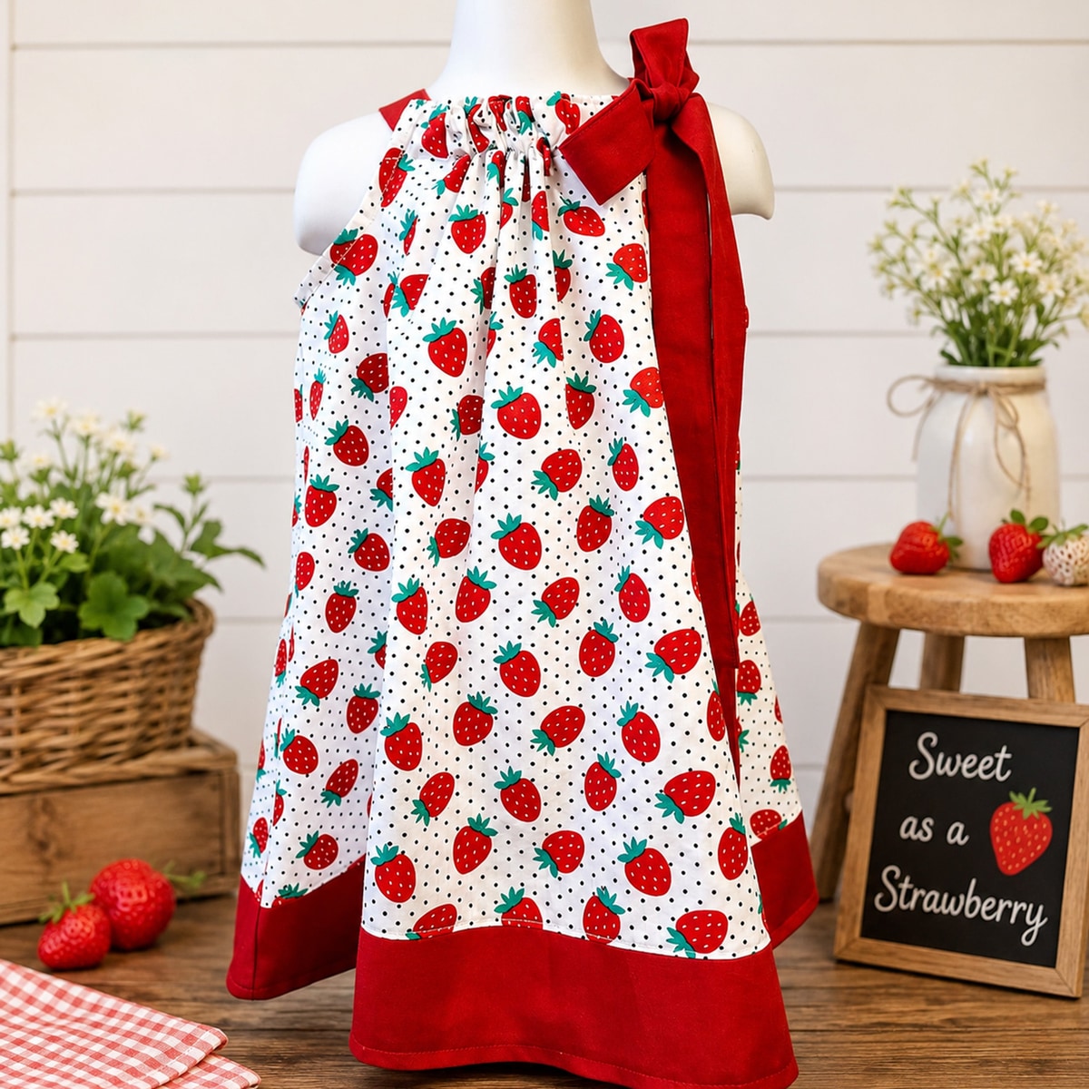 Strawberry-patterned apron on a mannequin with decorative elements in the background