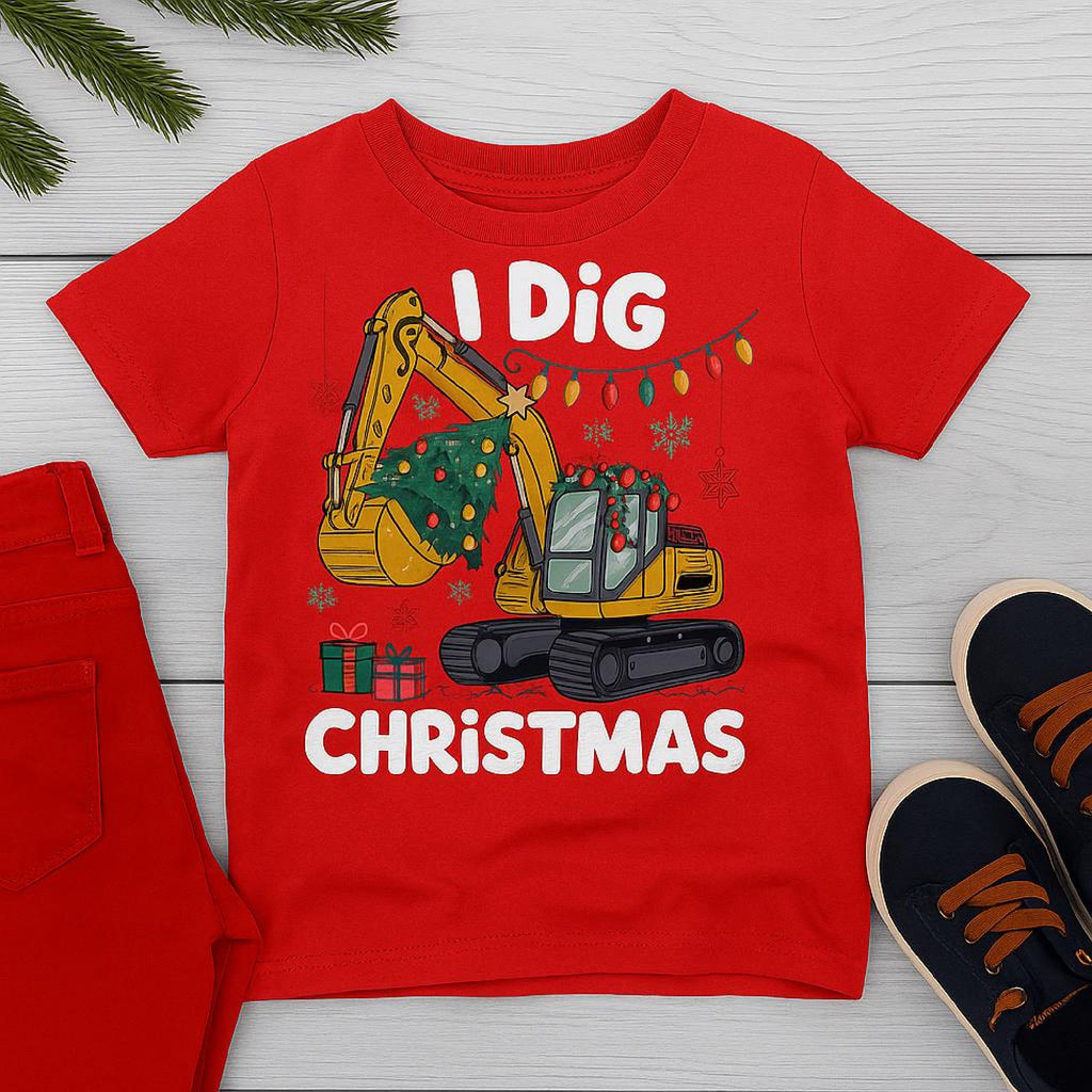 I Dig Christmas Boys Shirt, Funny Kids Christmas Tee, Excavator Holiday Shirt, X image 1