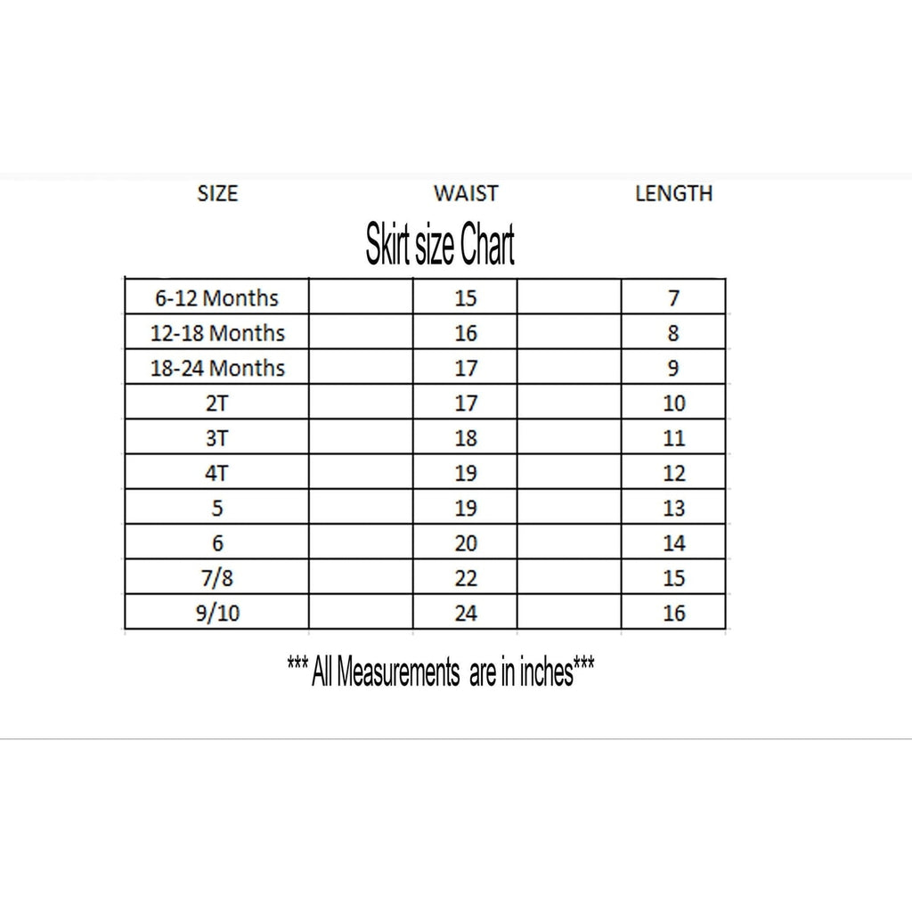 Skirt size chart for children with measurements in inches, branded 