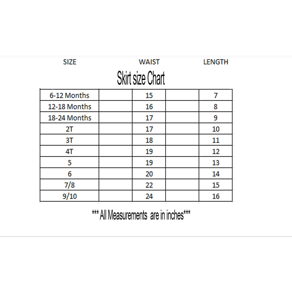 Skirt size chart for children with measurements in inches, branded 