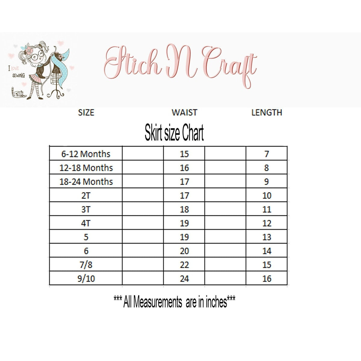Skirt size chart for children with measurements in inches, branded 'Stitch N Craft'.