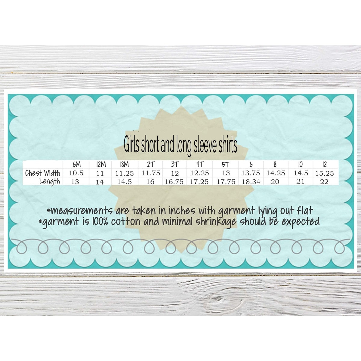 Measurement chart for girls' short and long sleeve shirts on a light blue background with white text.