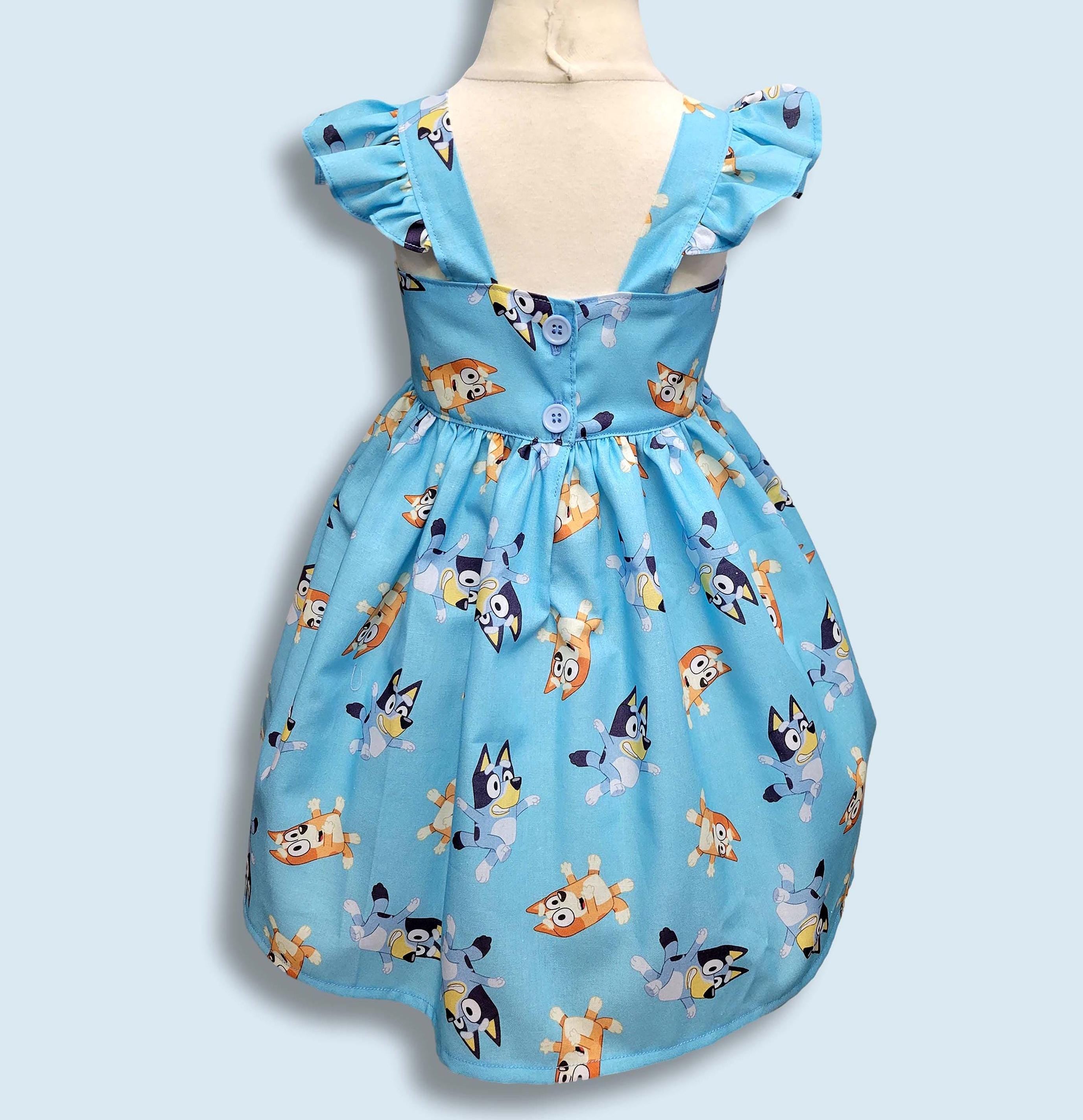 Blue Puppy Inspired Girls Dress, Cartoon Dog Birthday Dress, Flutter Sleeve Party Dress, Handmade Toddler Cotton Dress