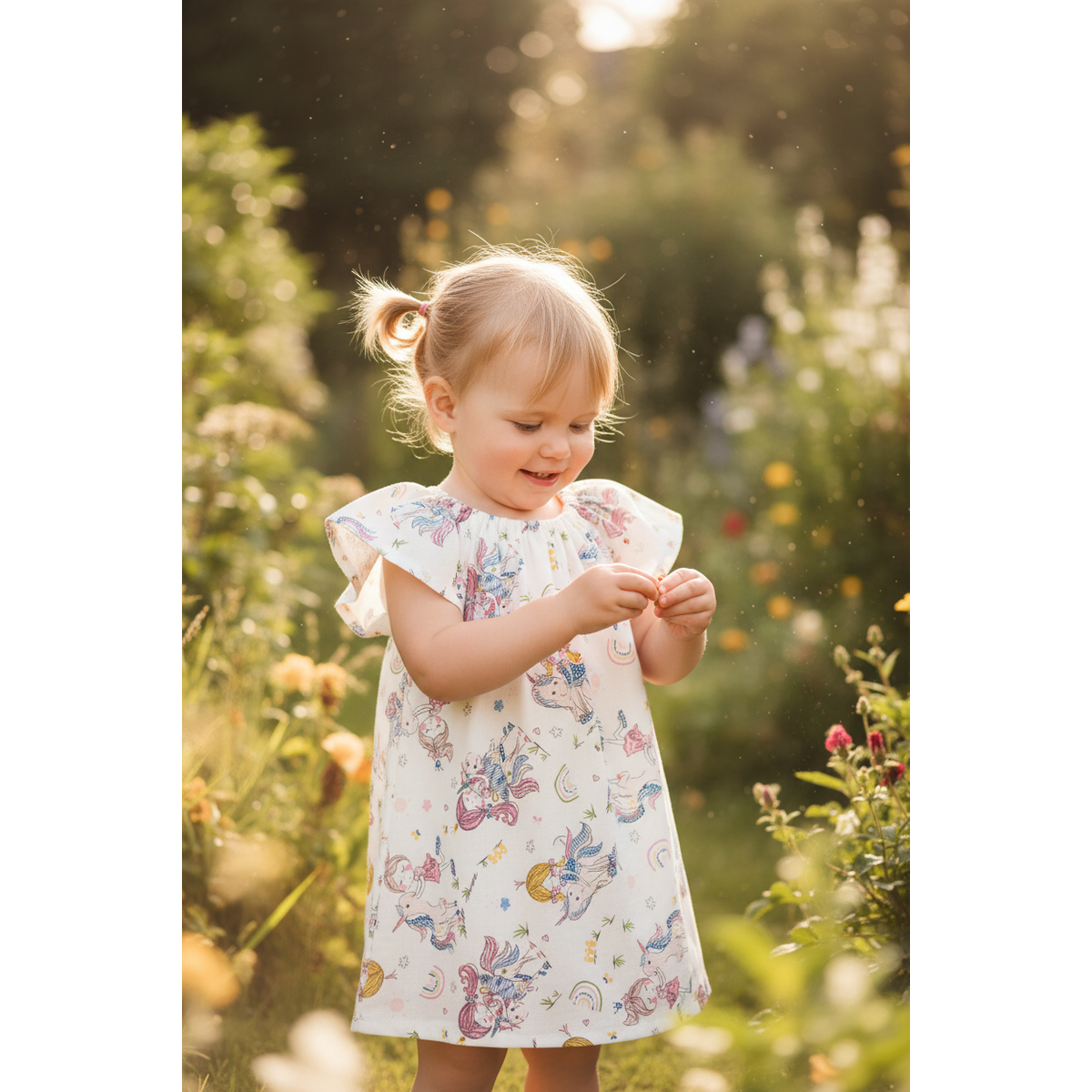 Young girl in a floral dress standing in a garden