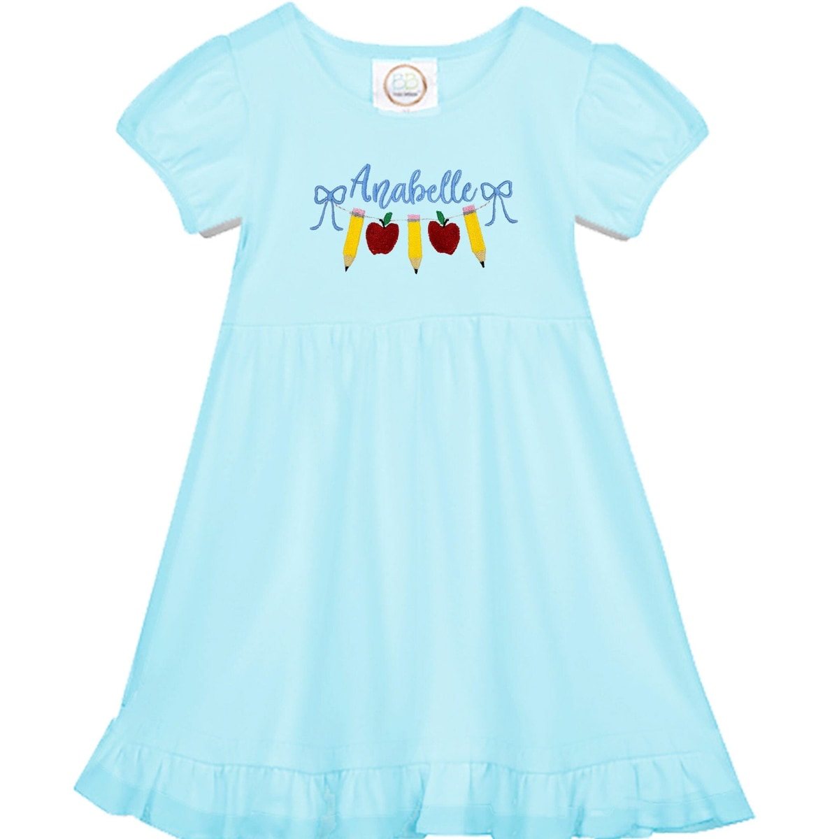 Personalized Back to School Dress, Kindergarten Girl Dress, Apple Pencil Embroidered School Dress, First Day Outfit