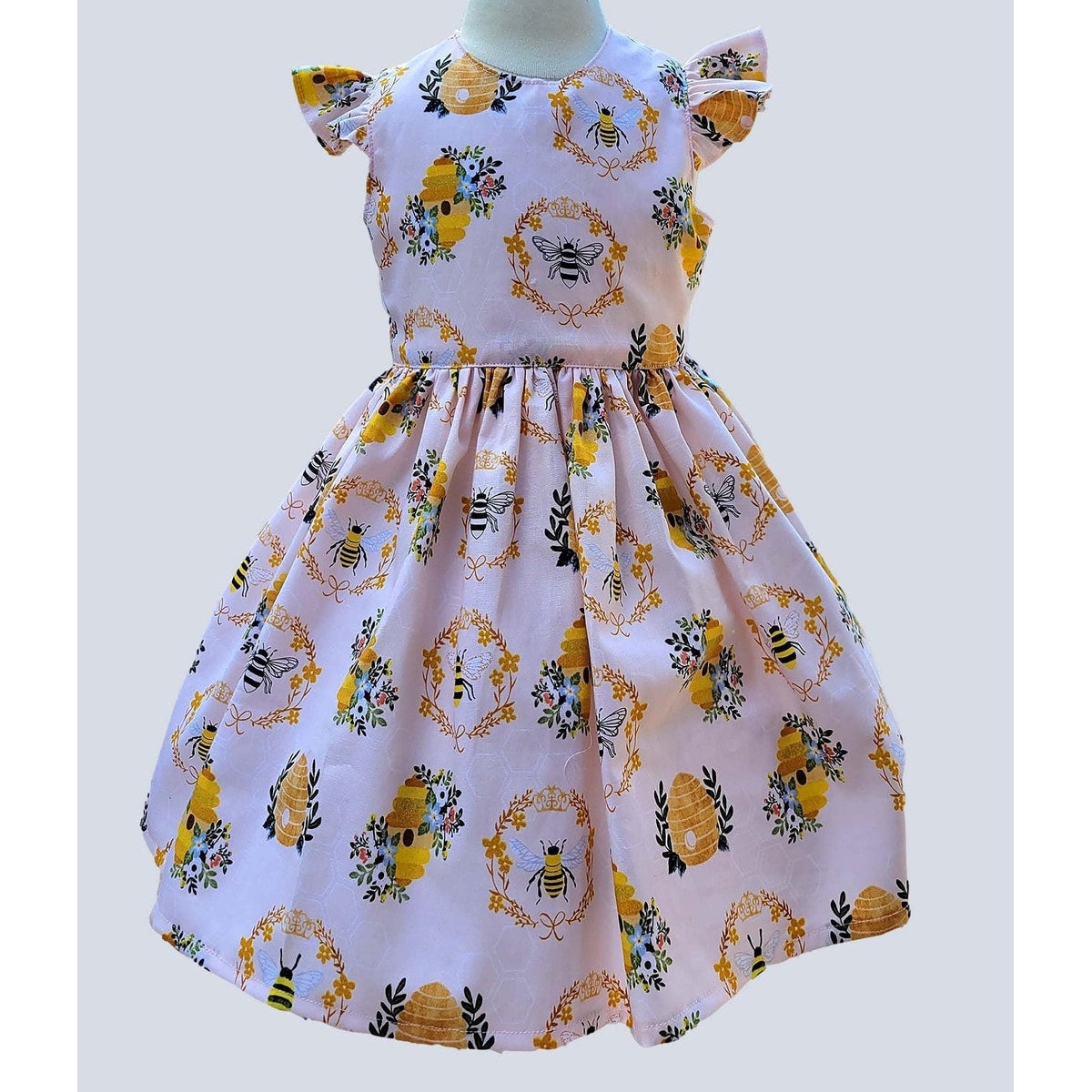 Honey Bee Dress for Girls, Light Pink Beehive Toddler Birthday Outfit, Handmade Bee Party Dress, 1st Birthday Dress