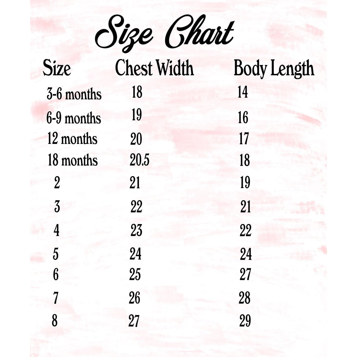 Size chart for children's clothing with chest width and body length measurements on a pink floral background.