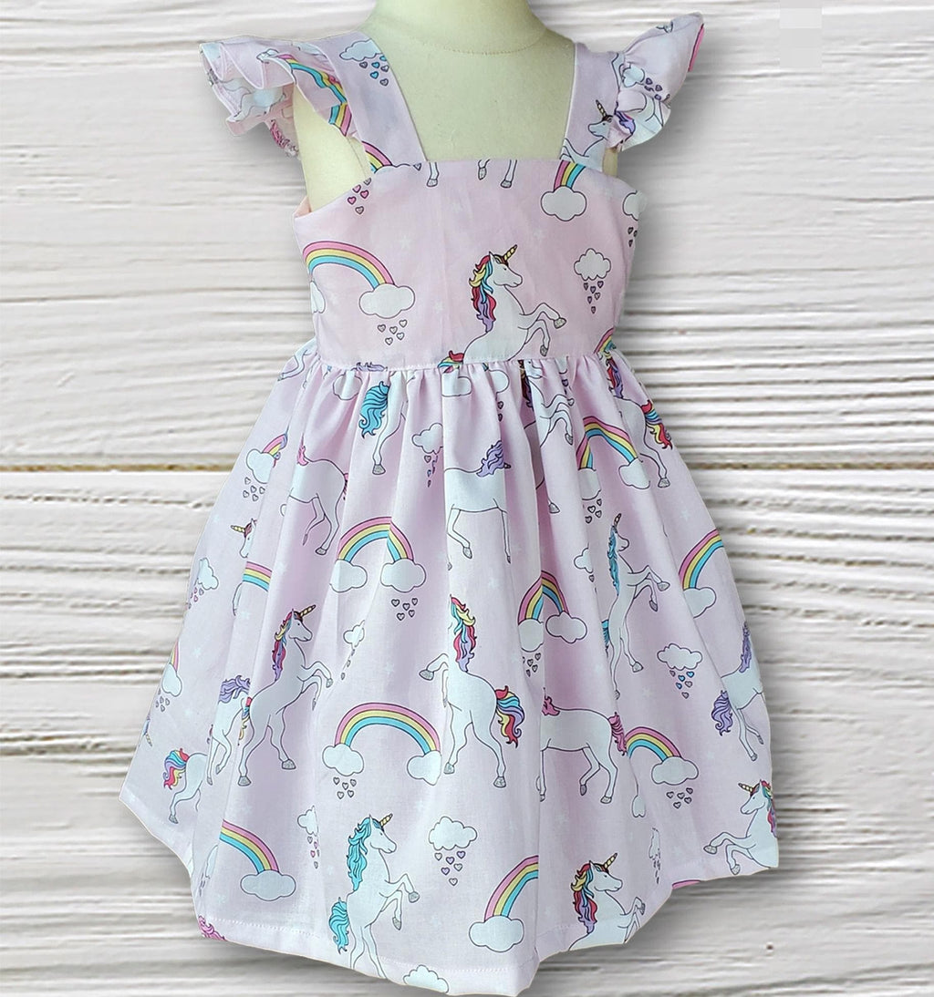 Pastel Unicorn Rainbow Girls Dress, Flutter Sleeve Toddler Birthday Dress, Whimsical Party Dress