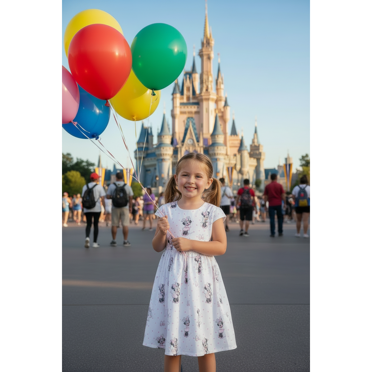 Young girl holding balloons in front of a castle, likely at a theme park.