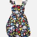 Children's dress with educational-themed print on a white background