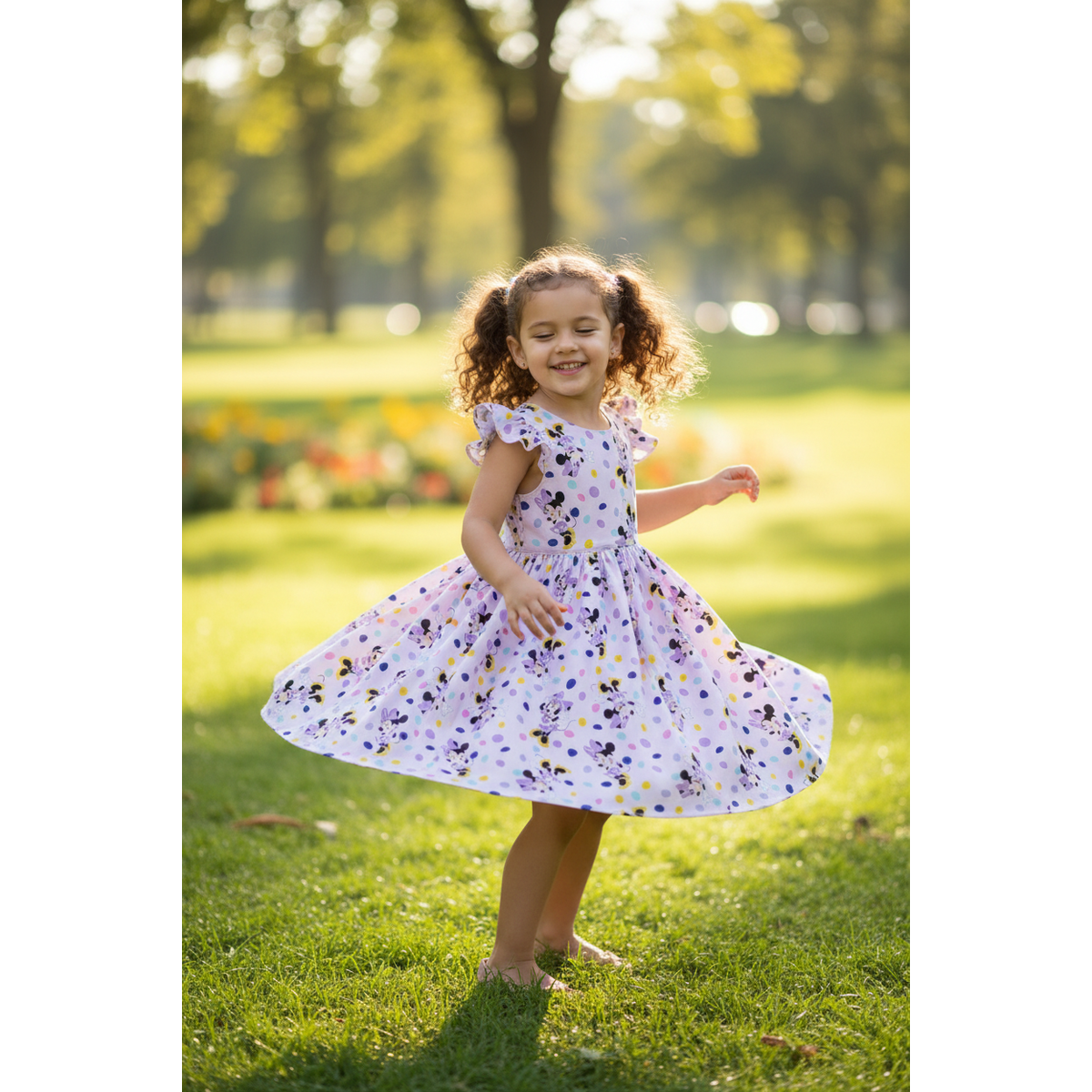 Young girl in a floral dress twirling on grass in a park