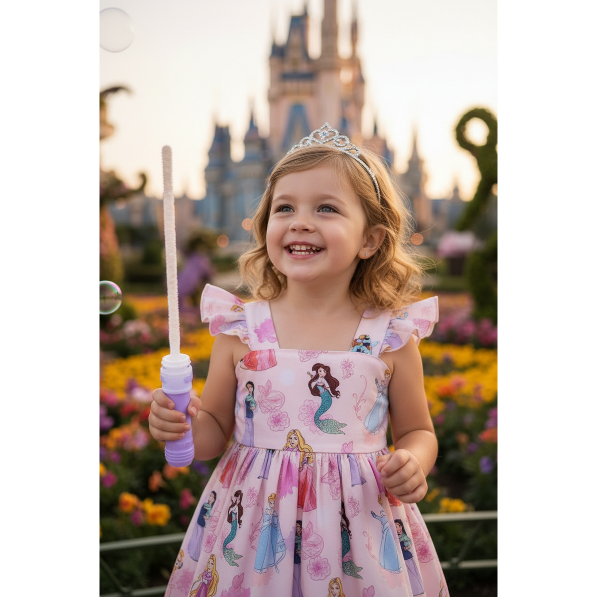 Young girl in a princess dress with a tiara, holding bubble wands, in front of a castle.