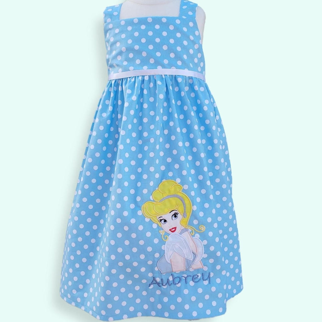 Blue Polka Dot Storybook Dress, Personalized Girls Birthday Dress, Handmade Square Neck Cotton Toddler Dress