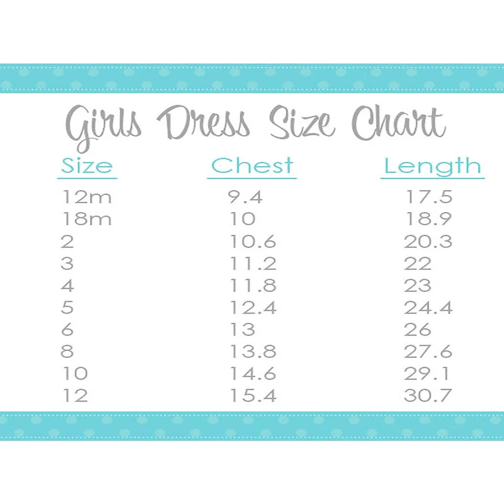 Girls dress size chart with measurements for chest and length on a white background.
