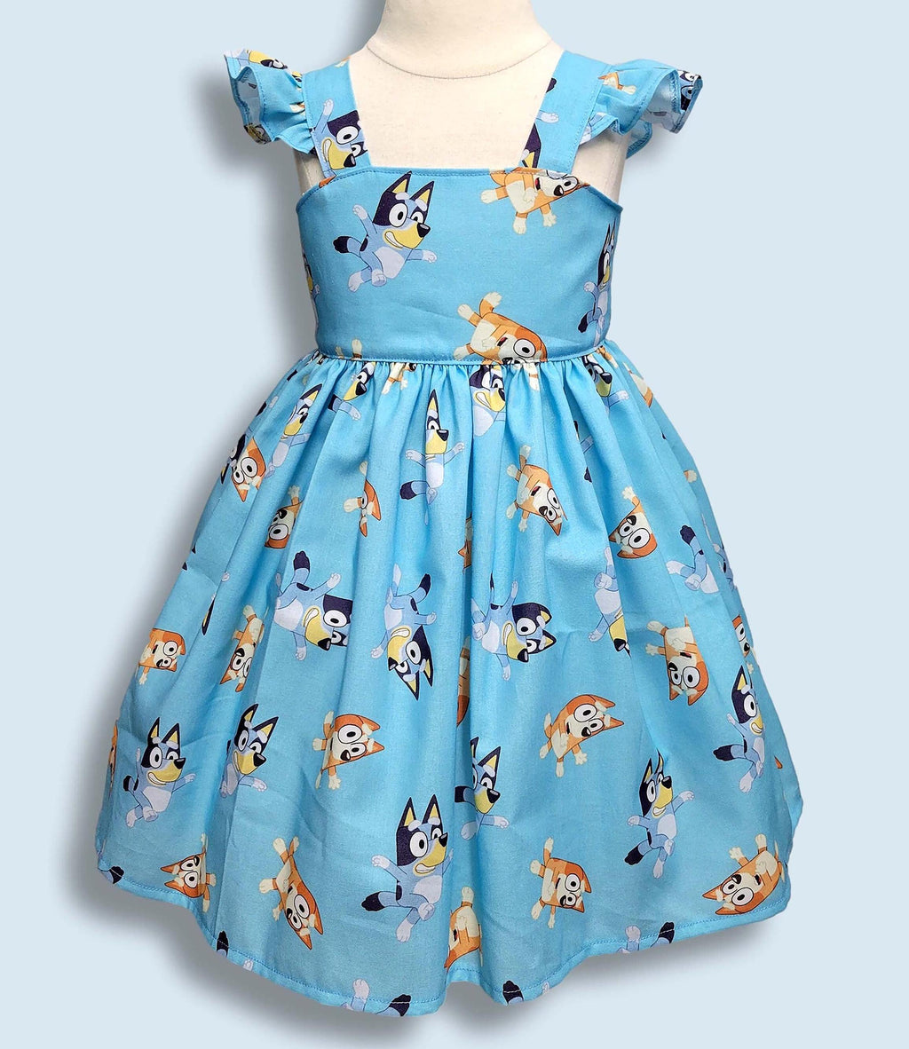 Blue Puppy Inspired Girls Dress, Cartoon Dog Birthday Dress, Flutter Sleeve Party Dress, Handmade Toddler Cotton Dress