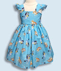 Blue Puppy Inspired Girls Dress, Cartoon Dog Birthday Dress, Flutter Sleeve Party Dress, Handmade Toddler Cotton Dress