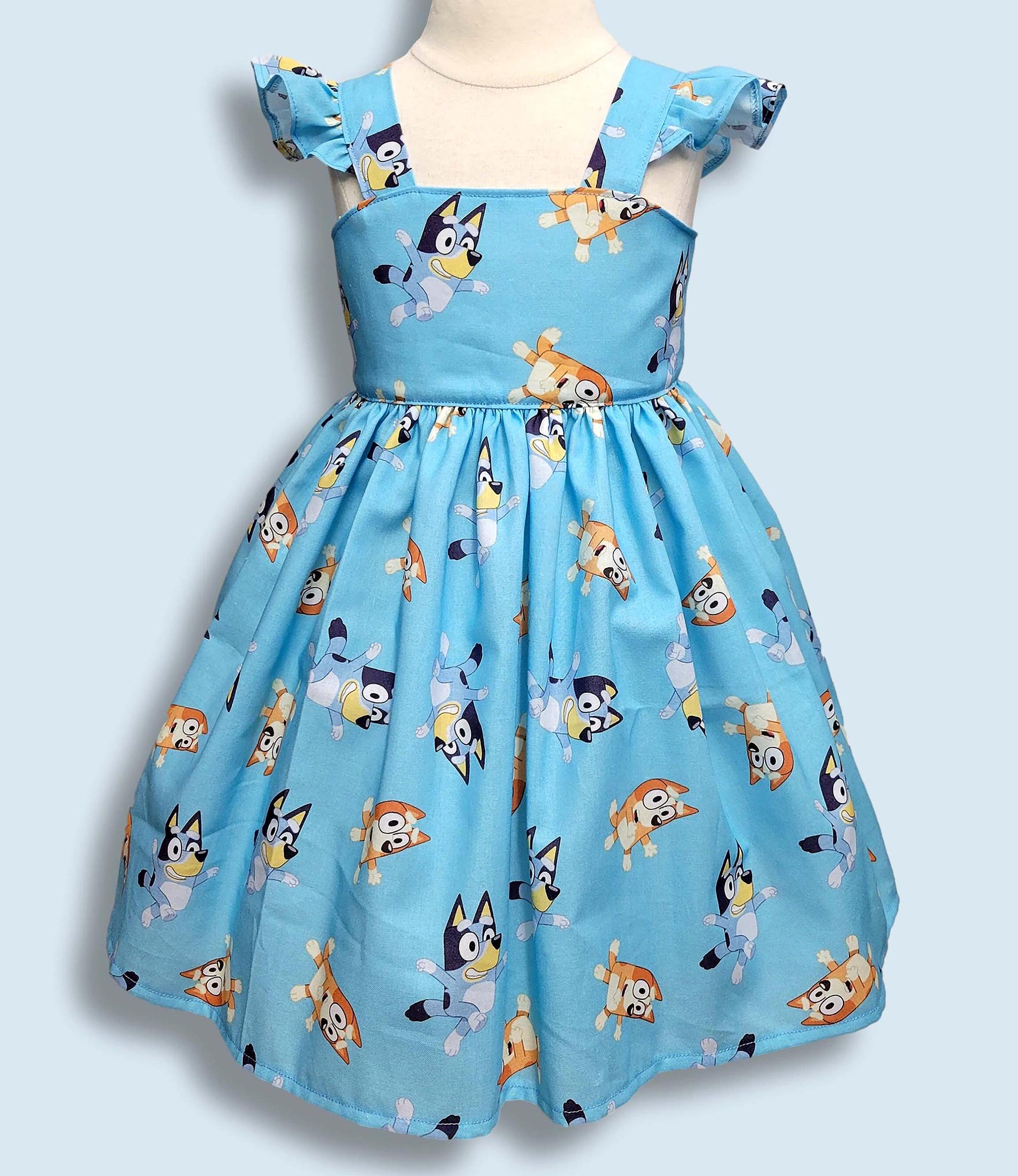 Blue Puppy Inspired Girls Dress, Cartoon Dog Birthday Dress, Flutter Sleeve Party Dress, Handmade Toddler Cotton Dress
