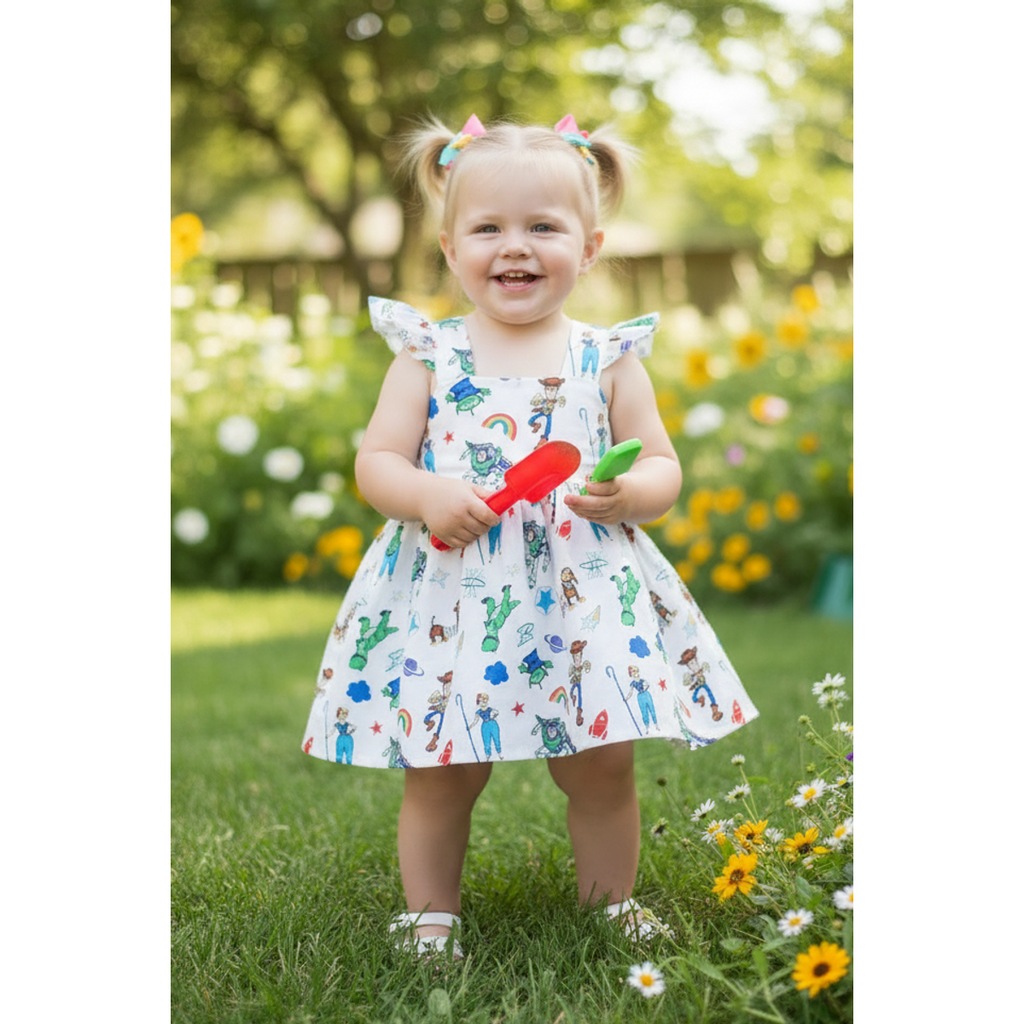 Child in a colorful dress standing in a garden holding toys.