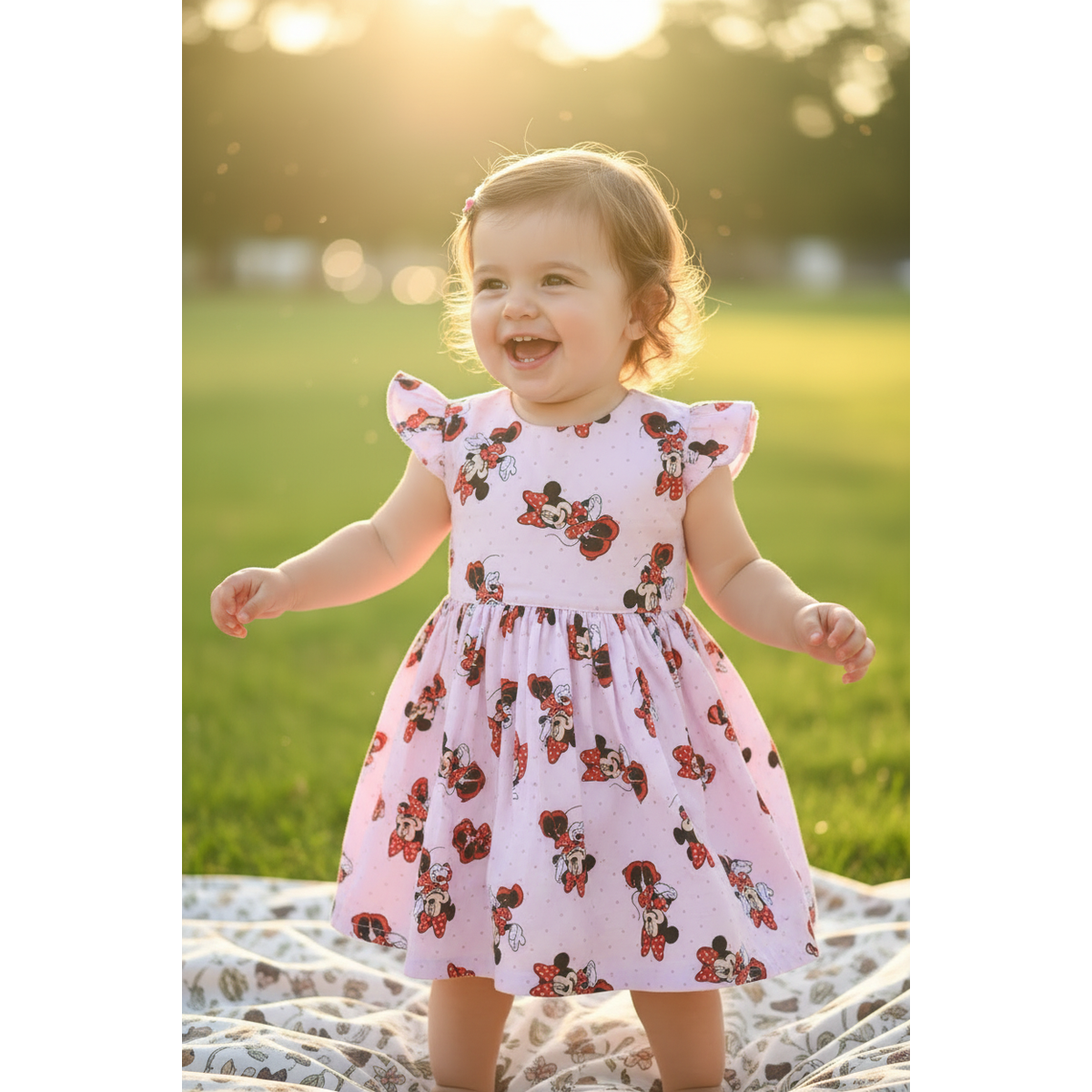 Child in a floral dress standing in a grassy field with sunlight