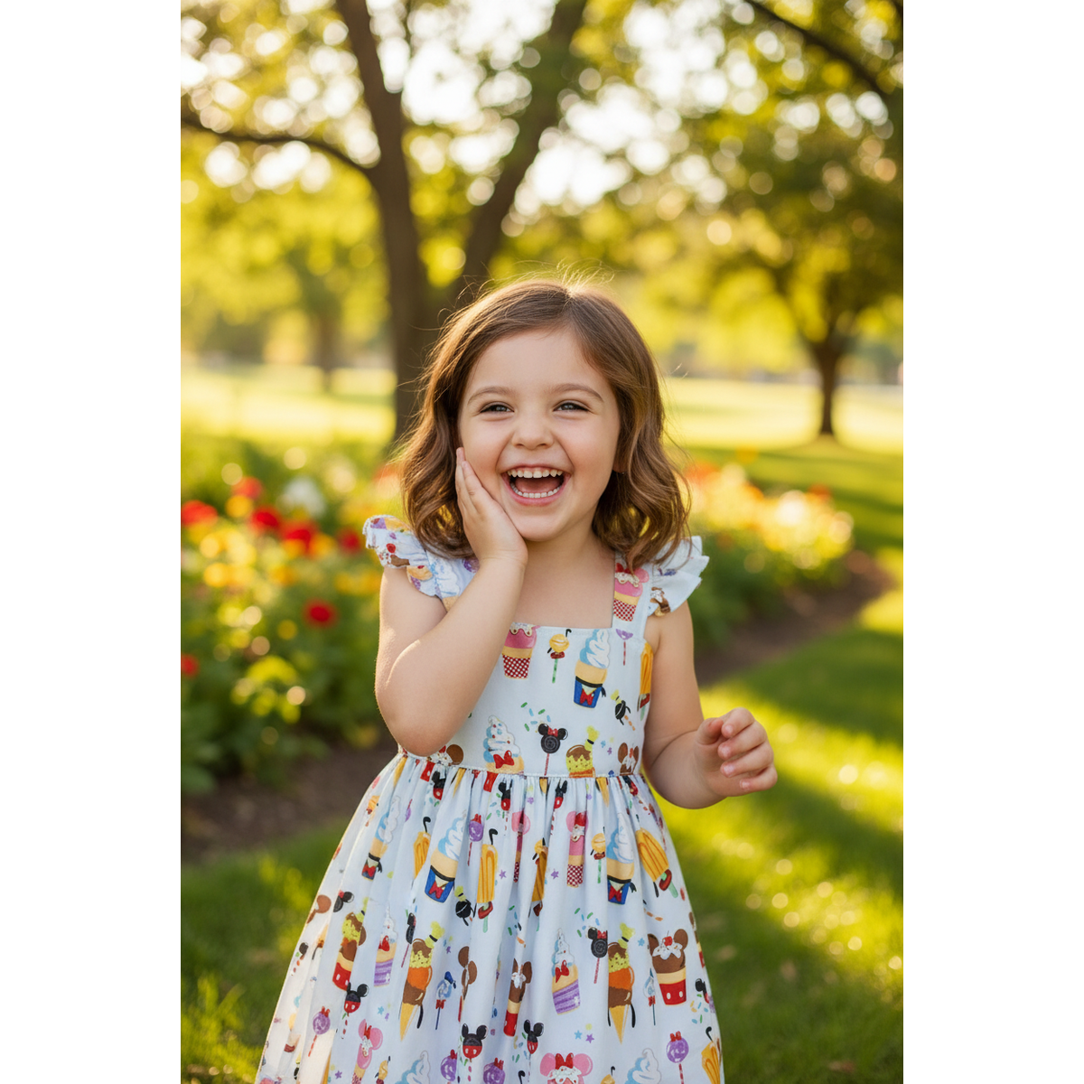 Young girl in a colorful dress laughing in a park with trees and flowers in the background