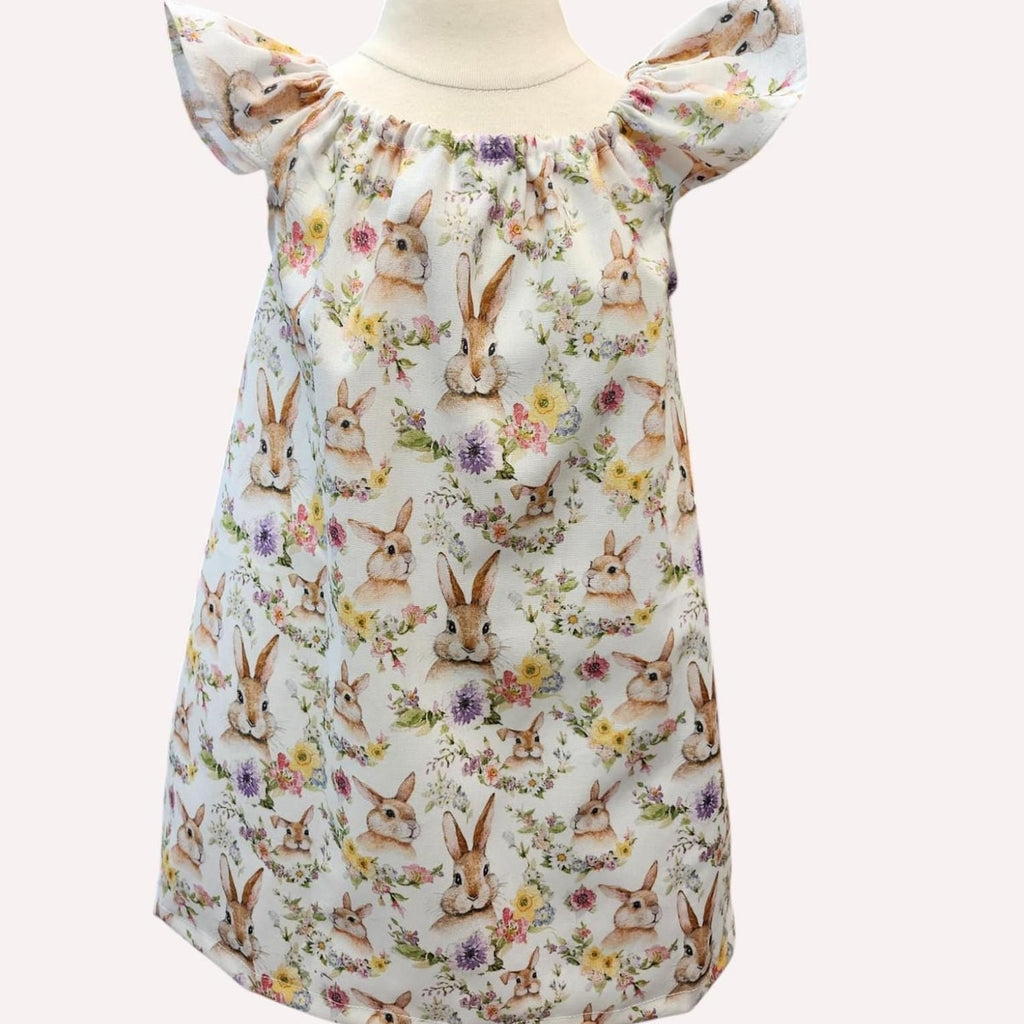 Easter Bunny Dress for Girls, Spring Floral Toddler Dress, Pastel Rabbit Flutter Sleeve Dress, Handmade Easter Outfit