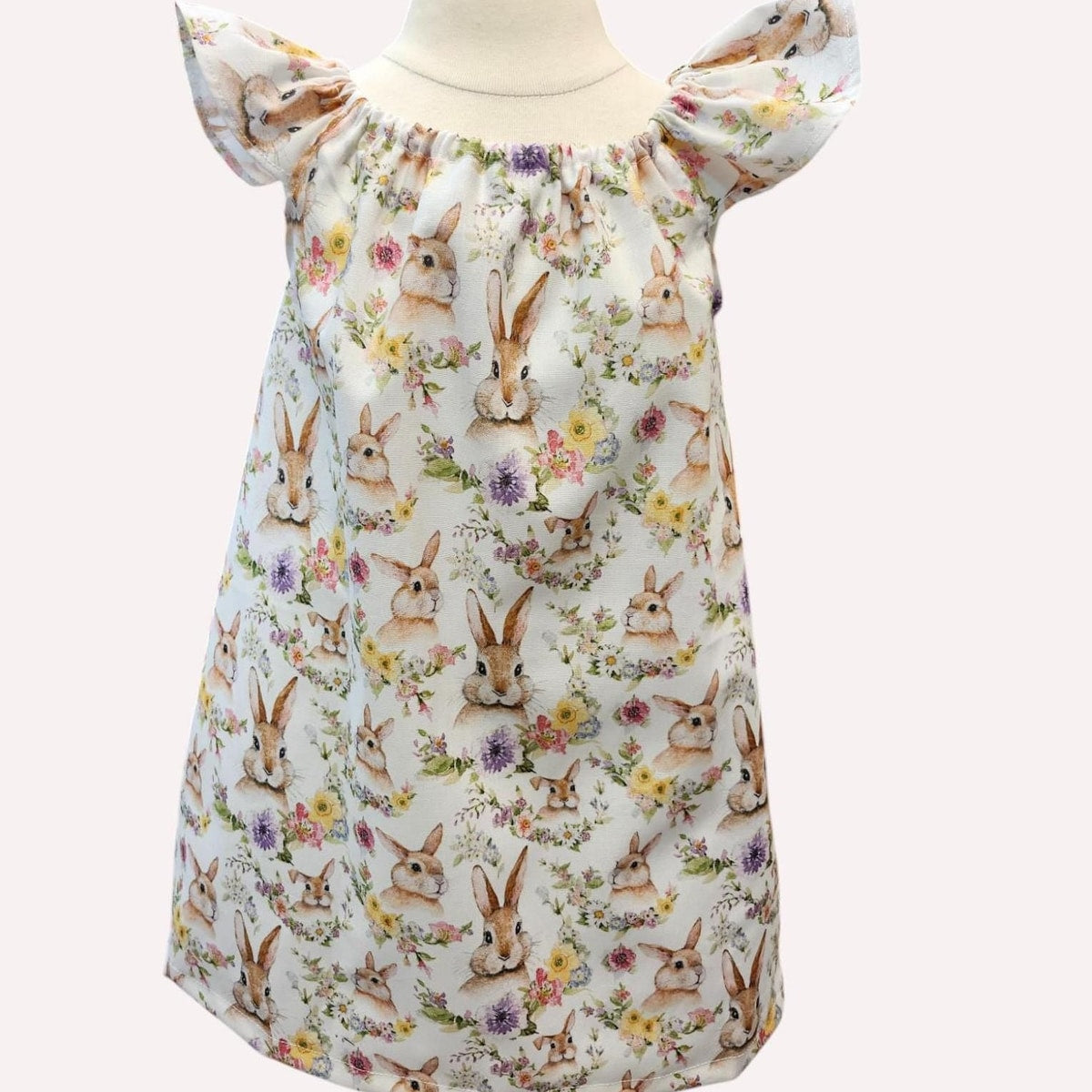 Easter Bunny Dress for Girls, Spring Floral Toddler Dress, Pastel Rabbit Flutter Sleeve Dress, Handmade Easter Outfit