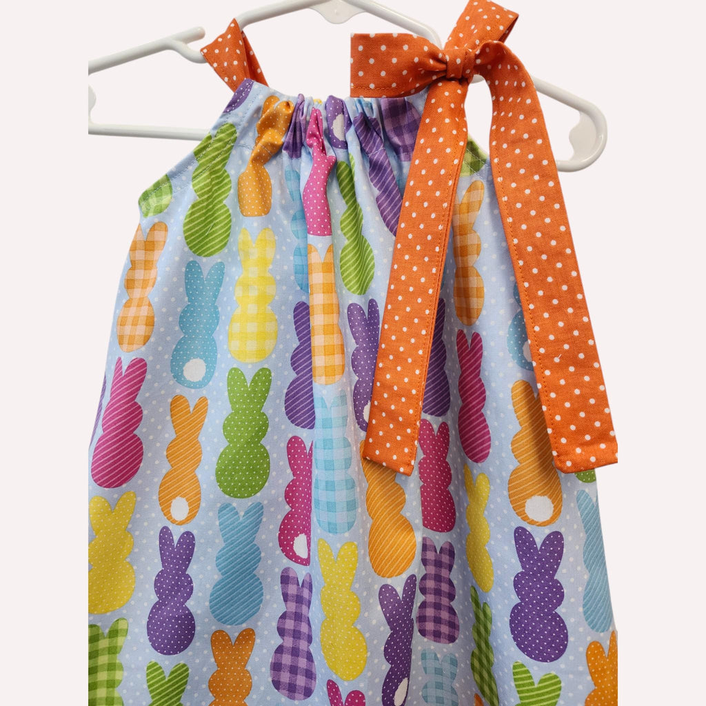 Girls Easter Bunny Pillowcase Dress, Spring Bunny Dress with Orange Polka Dot Bow, Toddler Easter Dress