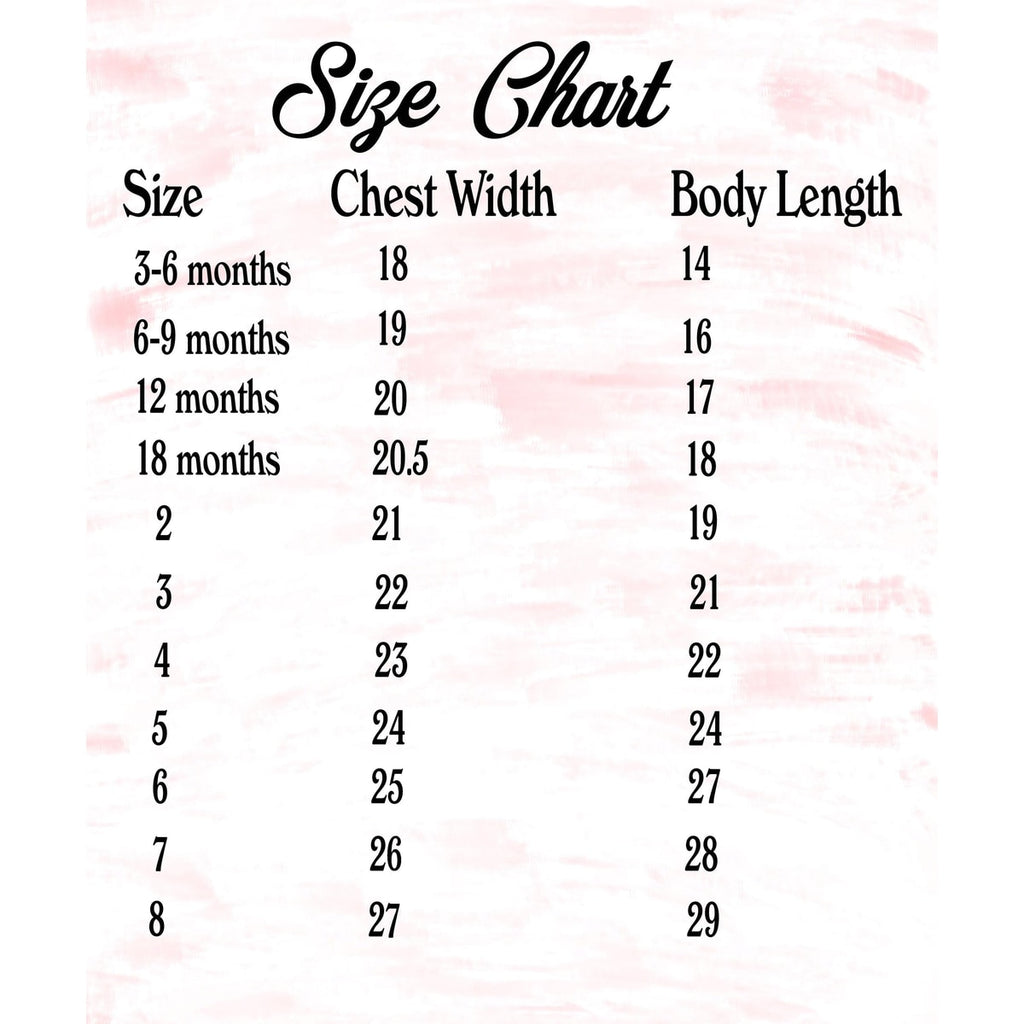 Size chart for children's clothing with chest width and body length measurements on a pink floral background.