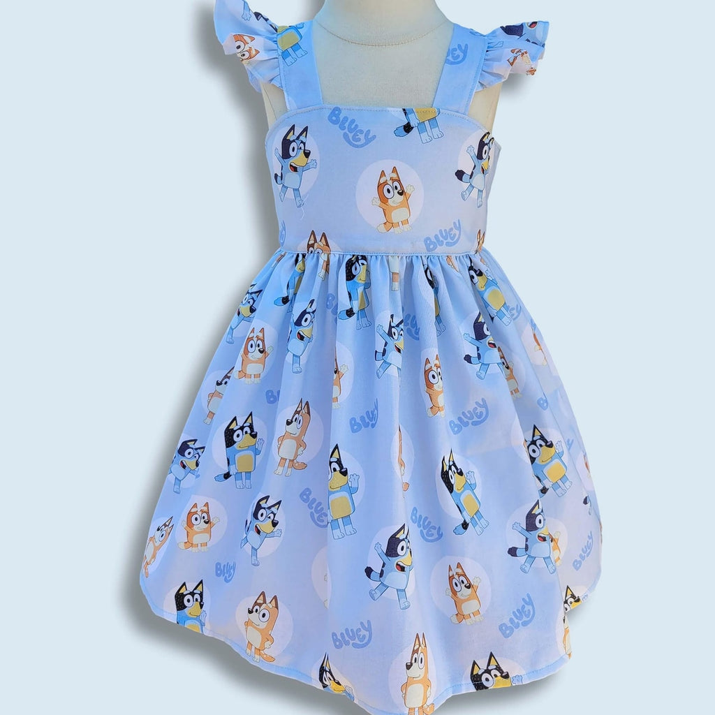 Blue Cartoon Puppy Girls Dress, Flutter Sleeve Toddler Sundress, Handmade Summer Birthday Play Dress