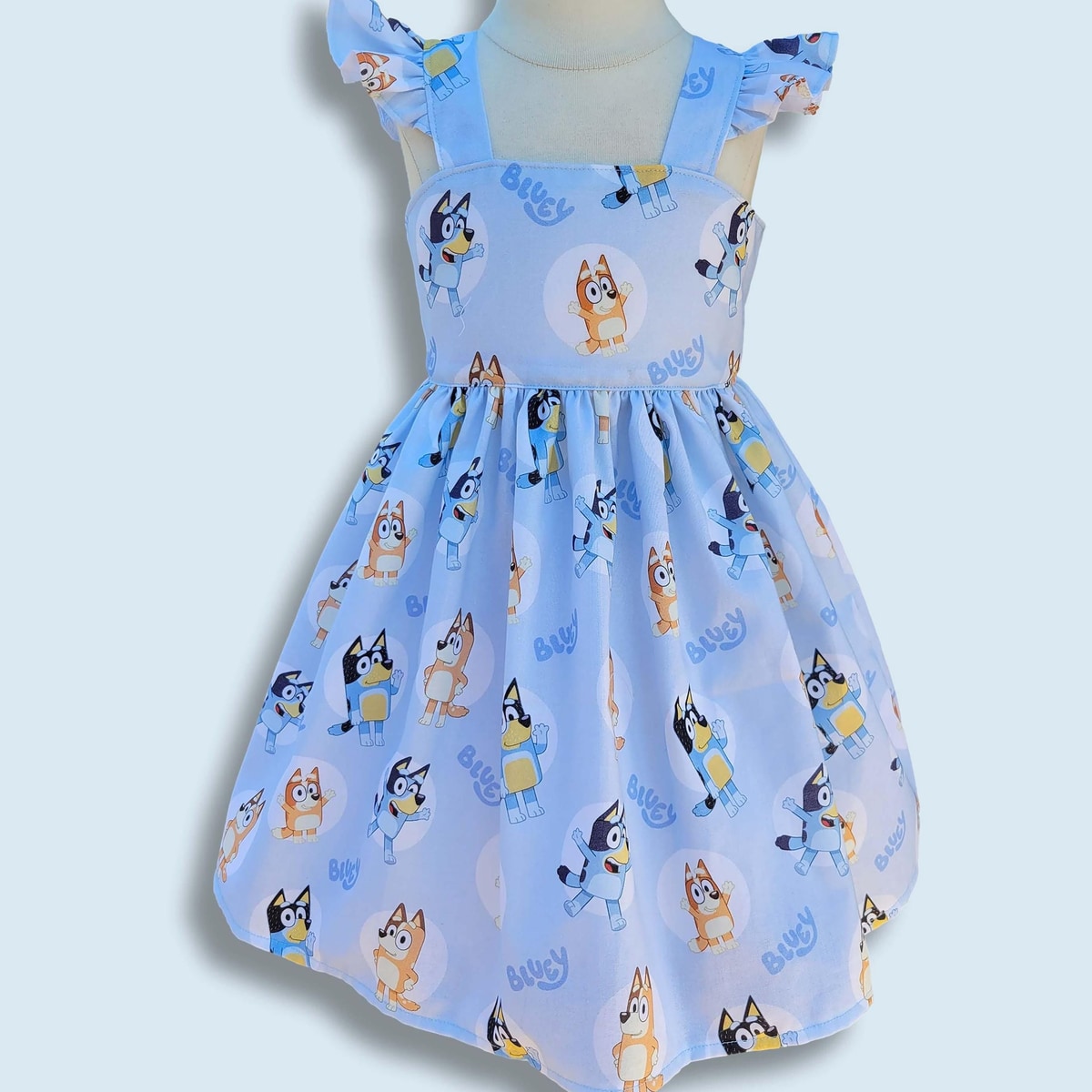 Blue Cartoon Puppy Girls Dress, Flutter Sleeve Toddler Sundress, Handmade Summer Birthday Play Dress