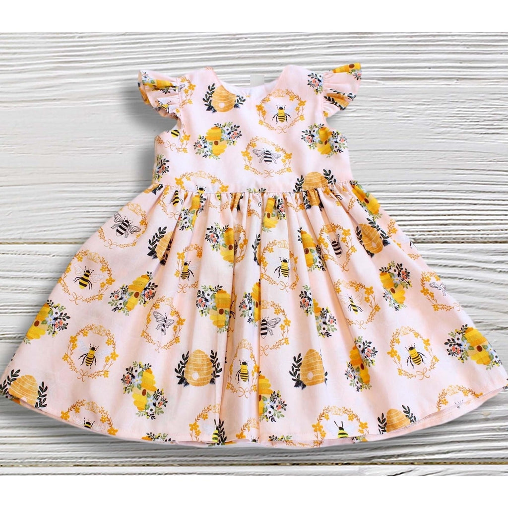 Honey Bee Dress for Girls, Light Pink Beehive Toddler Birthday Outfit, Handmade Bee Party Dress, 1st Birthday Dress