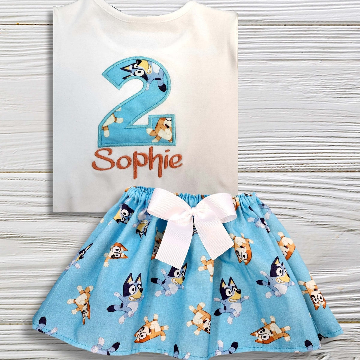 Personalized Puppy Birthday Outfit, Girls 2nd Birthday Shirt and Blue Twirl Skirt Set