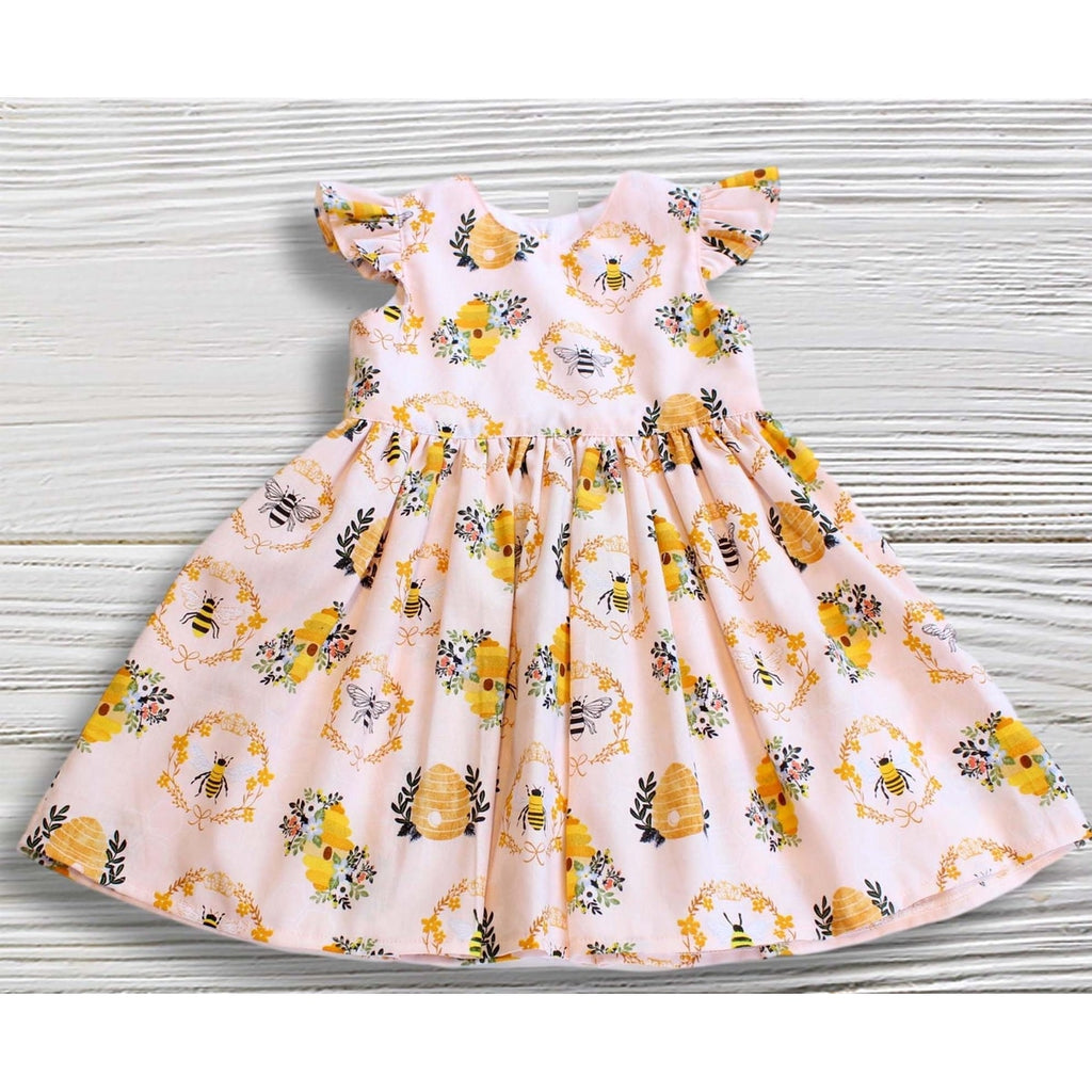 Honey Bee Dress for Girls, Light Pink Beehive Toddler Birthday Outfit, Handmade Bee Party Dress, 1st Birthday Dress
