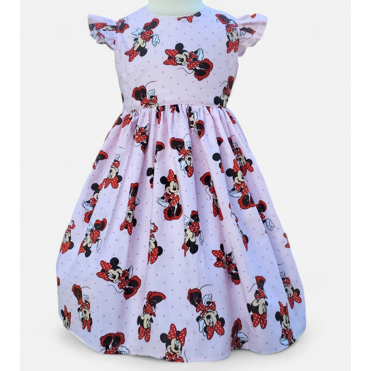 Mouse Bow Print Girls Dress, Pink Handmade Birthday Party Dress, Flutter Sleeve Toddler Boutique Outfit