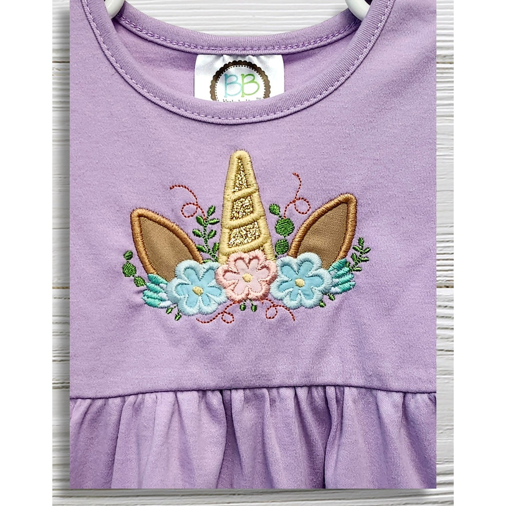 Lavender Unicorn Toddler Dress, Embroidered Birthday Dress for Girls, Pastel Ruffle Hem Boutique Dress