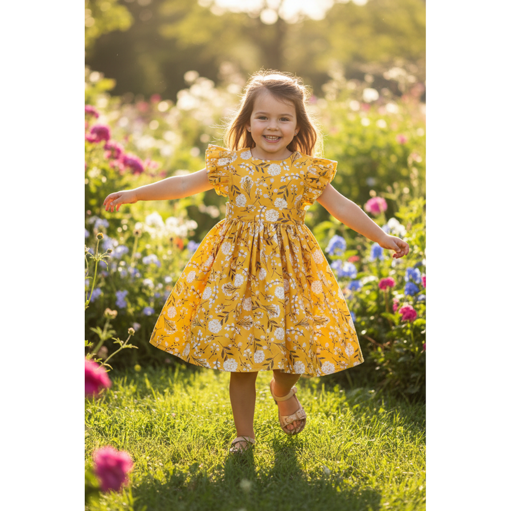 Child in a yellow dress running through a garden with flowers