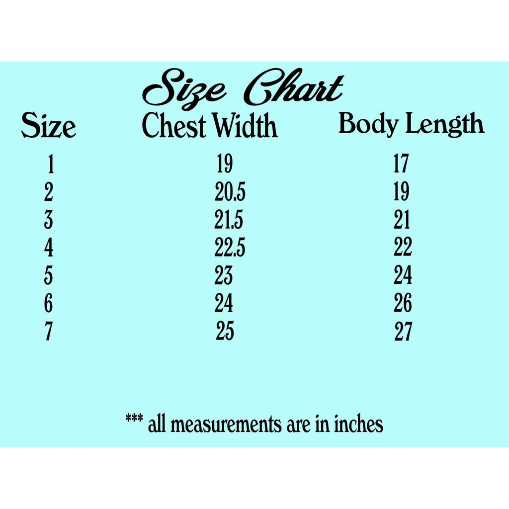 Size chart for clothing with chest width and body length measurements on a light blue background