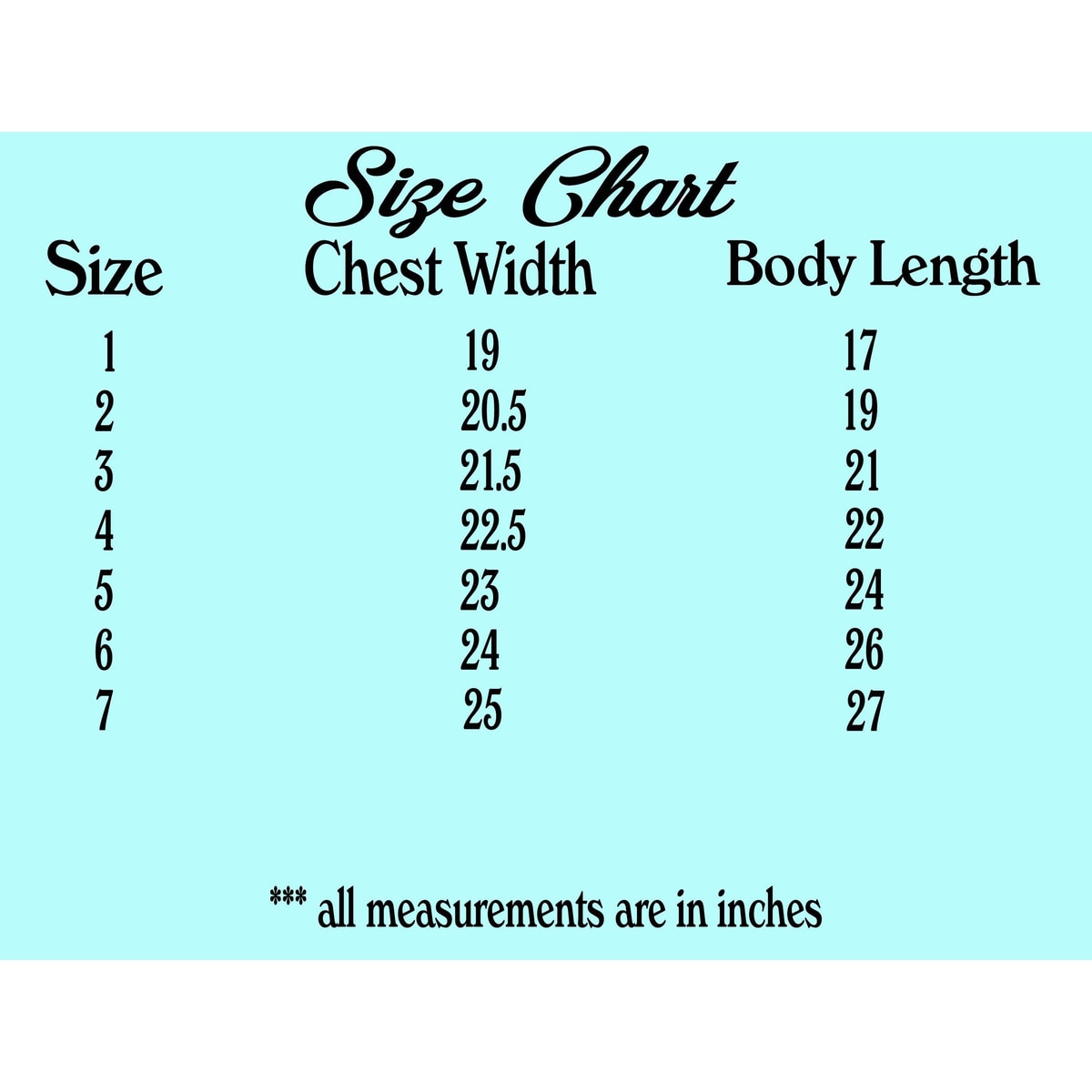 Size chart for clothing with chest width and body length measurements on a light blue background