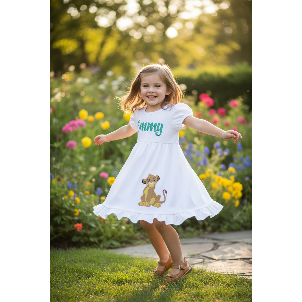 Young girl in a white dress with a lion graphic and 'Emmy' text, standing in a garden.