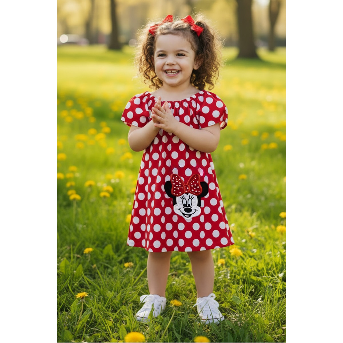 Child wearing a red polka dot dress with a Minnie Mouse design in a park.