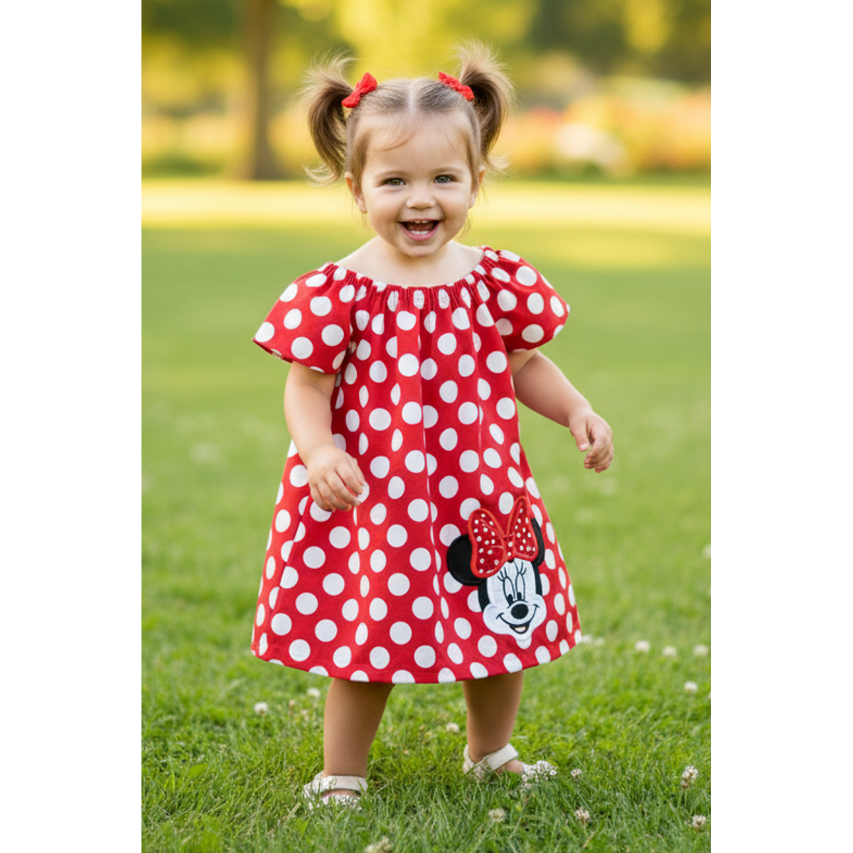 Child in a red polka dot dress with Minnie Mouse ears standing in a park.