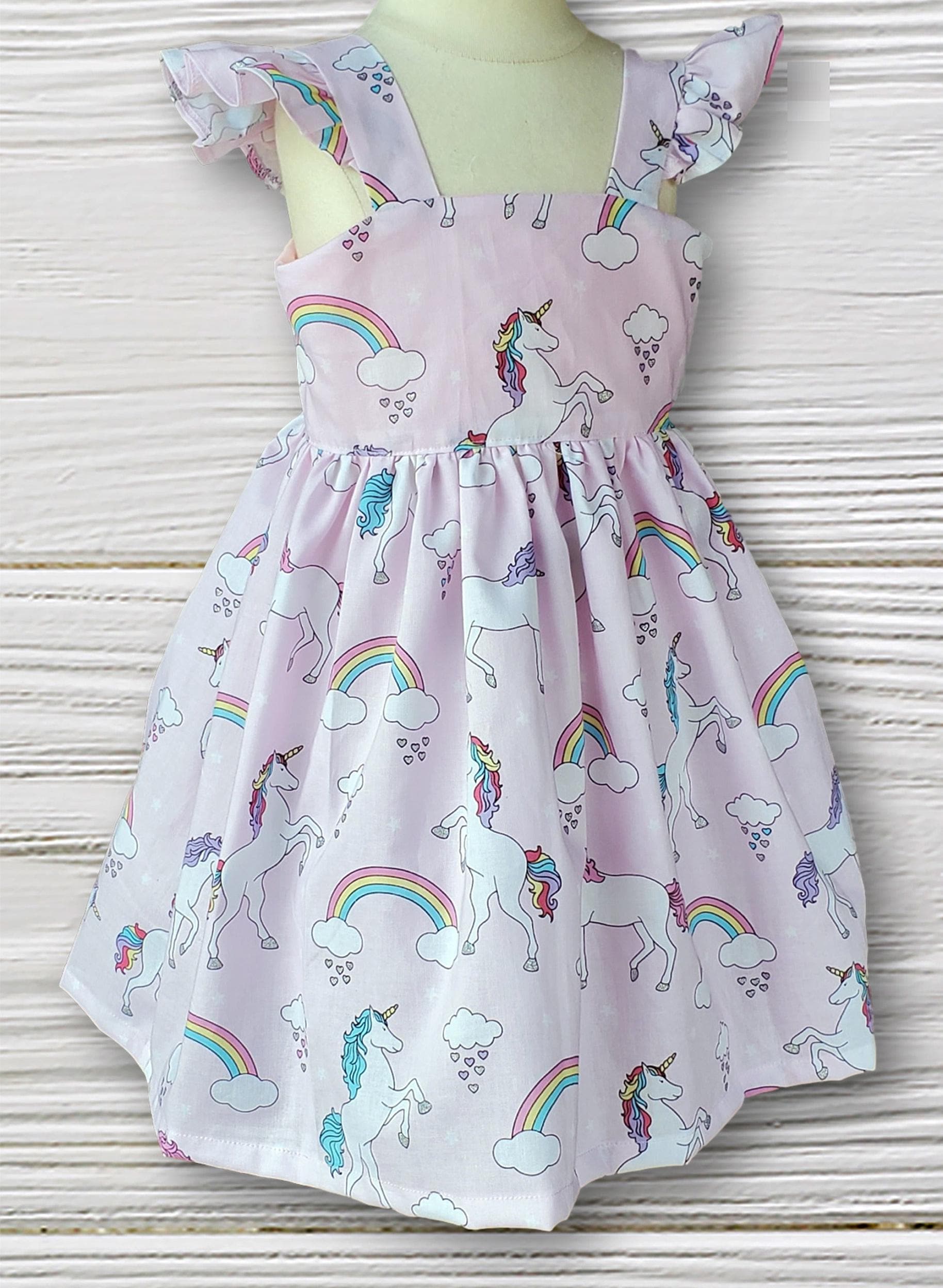 Pastel Unicorn Dress for Girls, Rainbow Flutter Sleeve Birthday Dress, – Happy Stitch Boutique