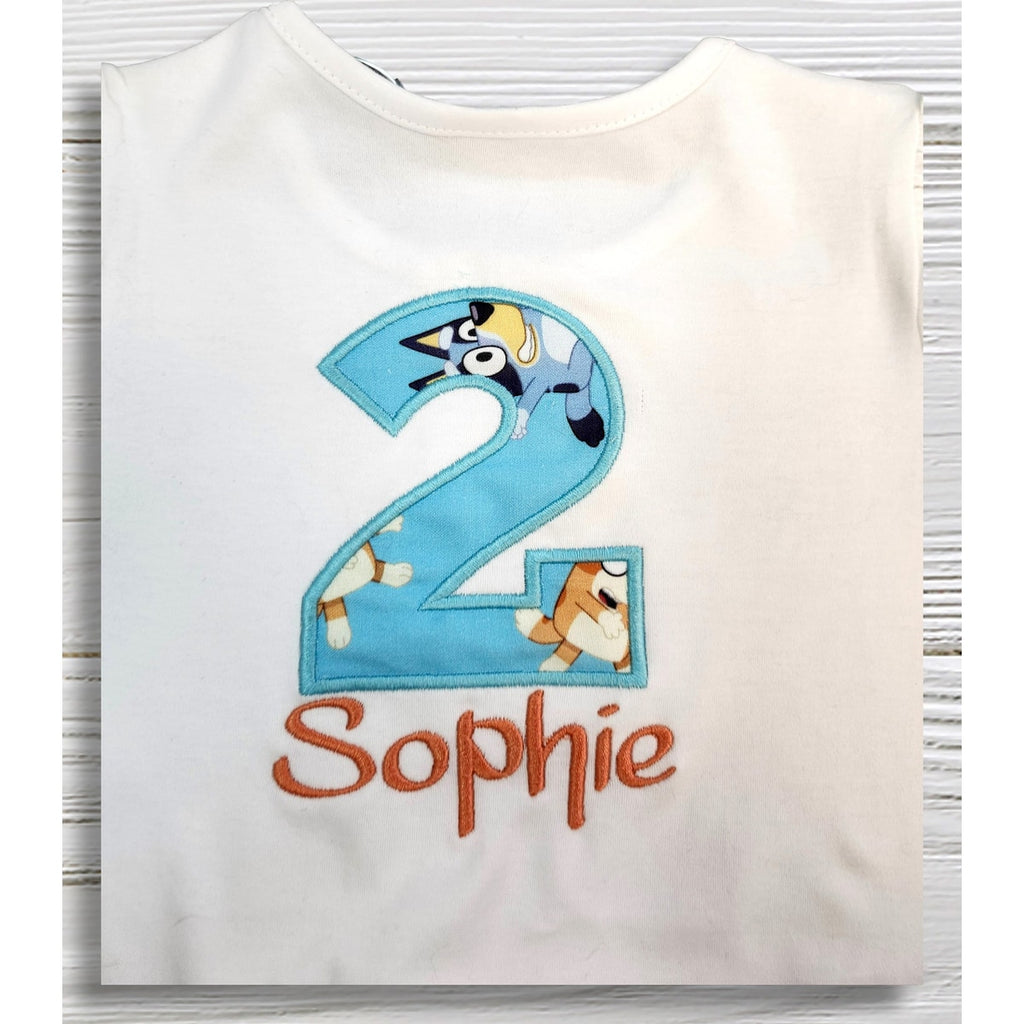 Personalized Puppy Birthday Outfit, Girls 2nd Birthday Shirt and Blue Twirl Skirt Set