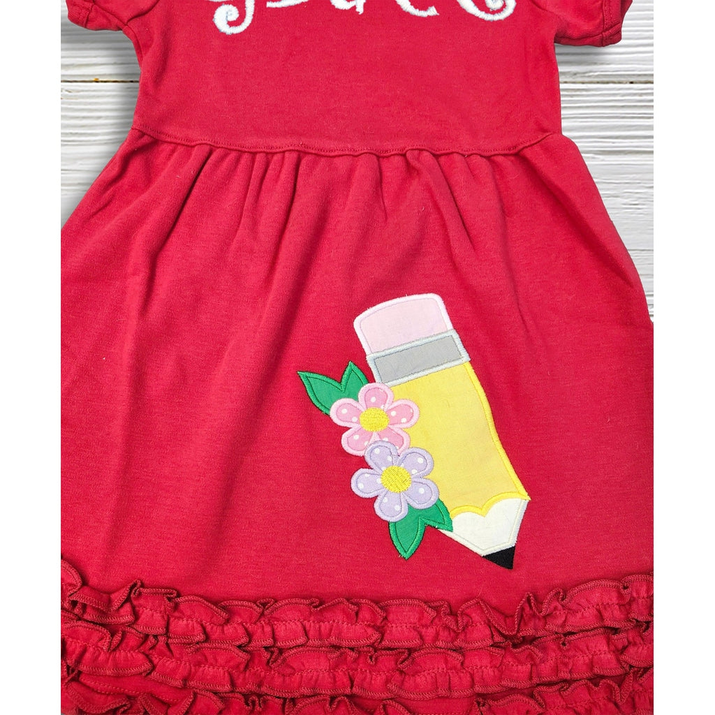 Red dress with a pencil and flower design on a white background
