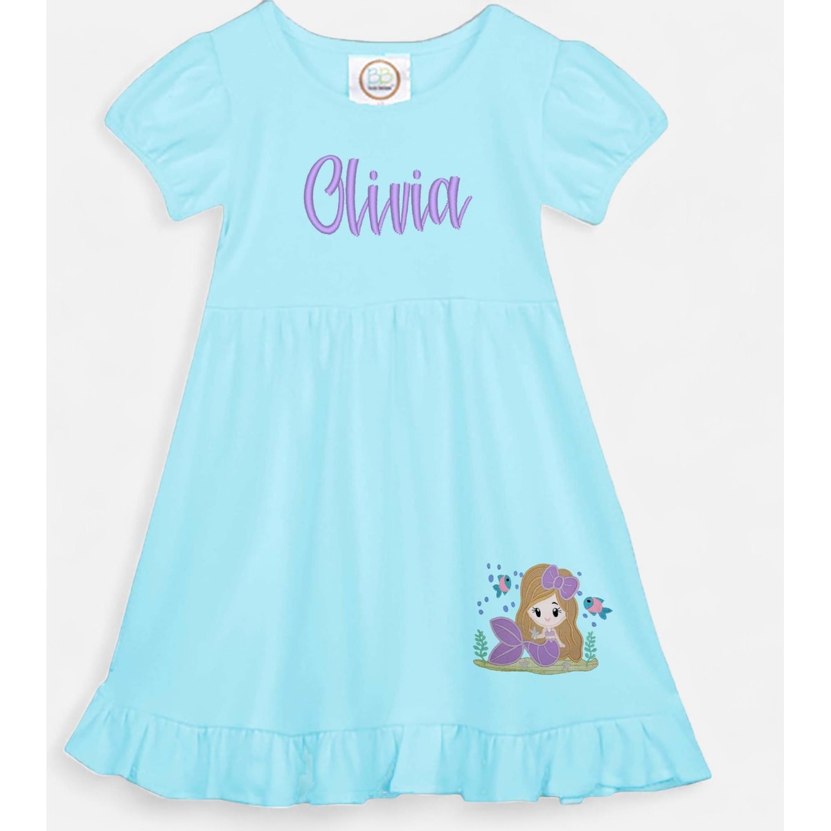 Light blue nightgown with 'Olivia' printed on it and a mermaid design on a white background