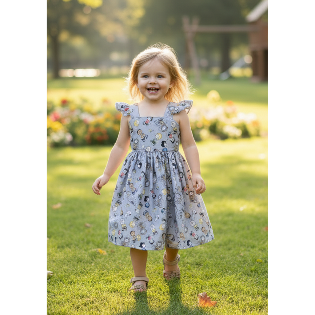 Young girl in a patterned dress standing in a park with flowers and trees in the background.
