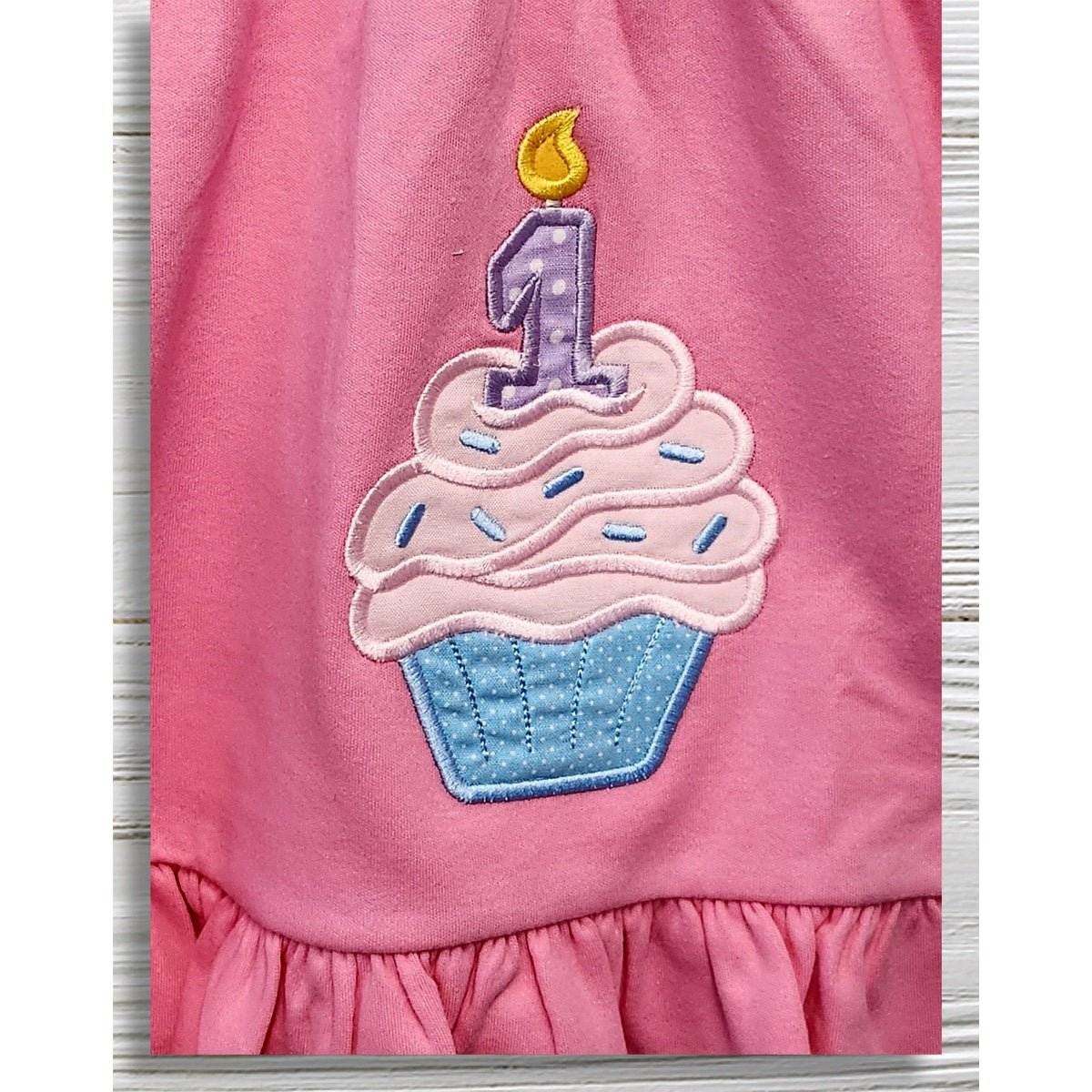 Personalized Pink First Birthday Dress, Cupcake Applique Toddler Dress, Custom Name Girls Birthday Outfit