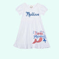 White dress with '1st Grade Mermaid' text and graphics on a light blue background