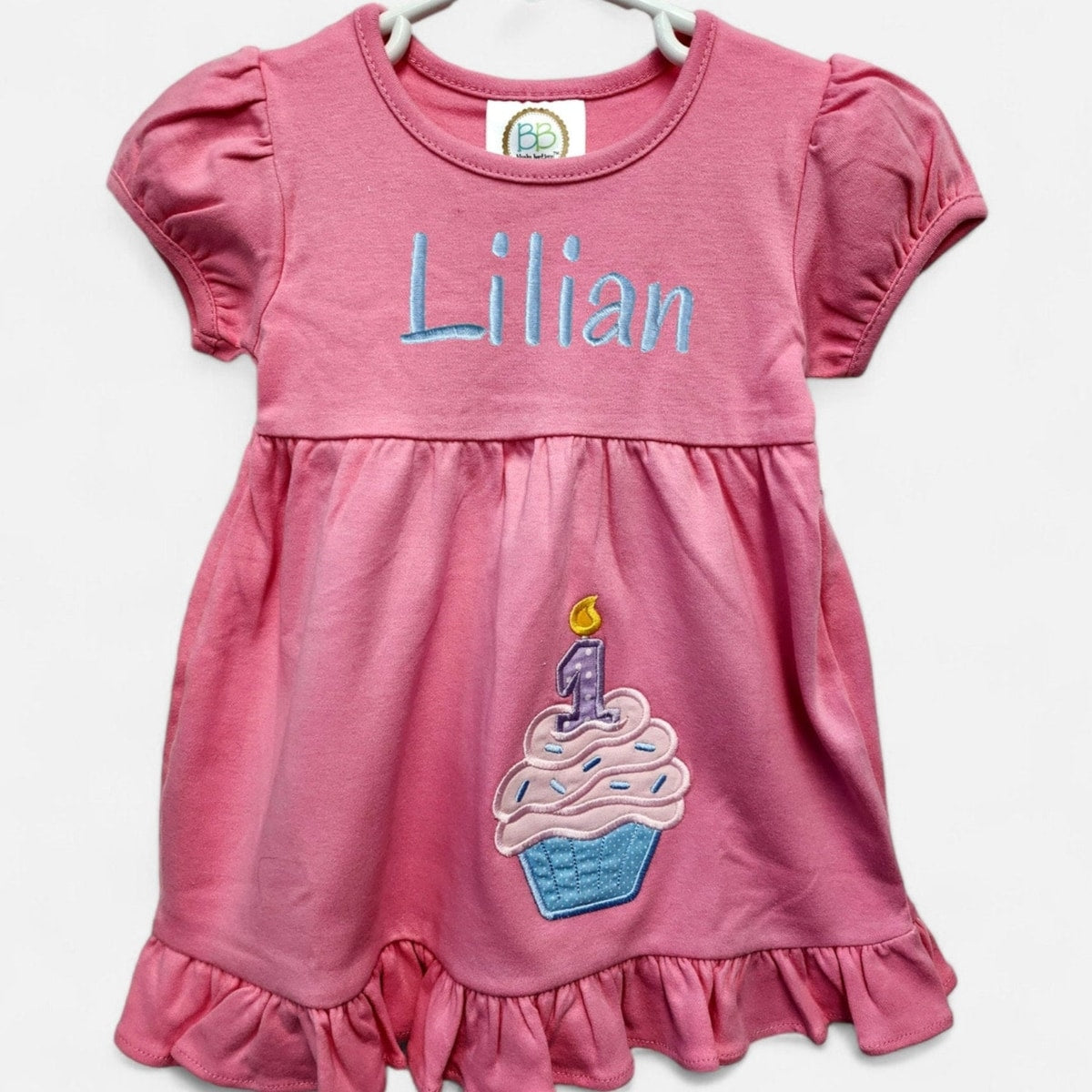 Personalized Pink First Birthday Dress, Cupcake Applique Toddler Dress, Custom Name Girls Birthday Outfit