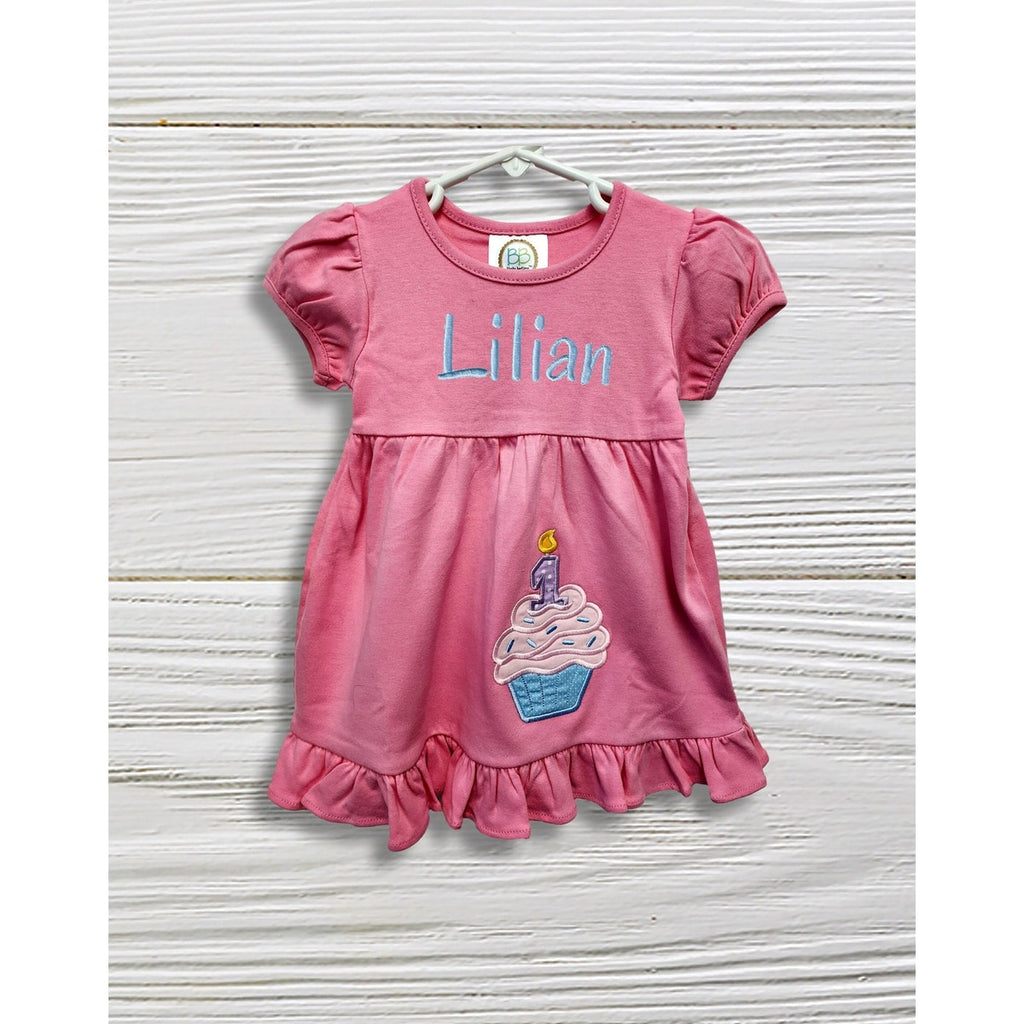 Personalized Pink First Birthday Dress, Cupcake Applique Toddler Dress, Custom Name Girls Birthday Outfit
